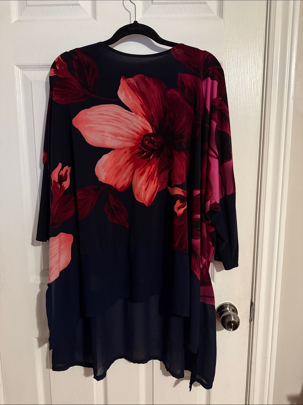 ARTEX CANADIAN MADE Women's Navy Floral Tunic Top with Coral and Magenta Blooms